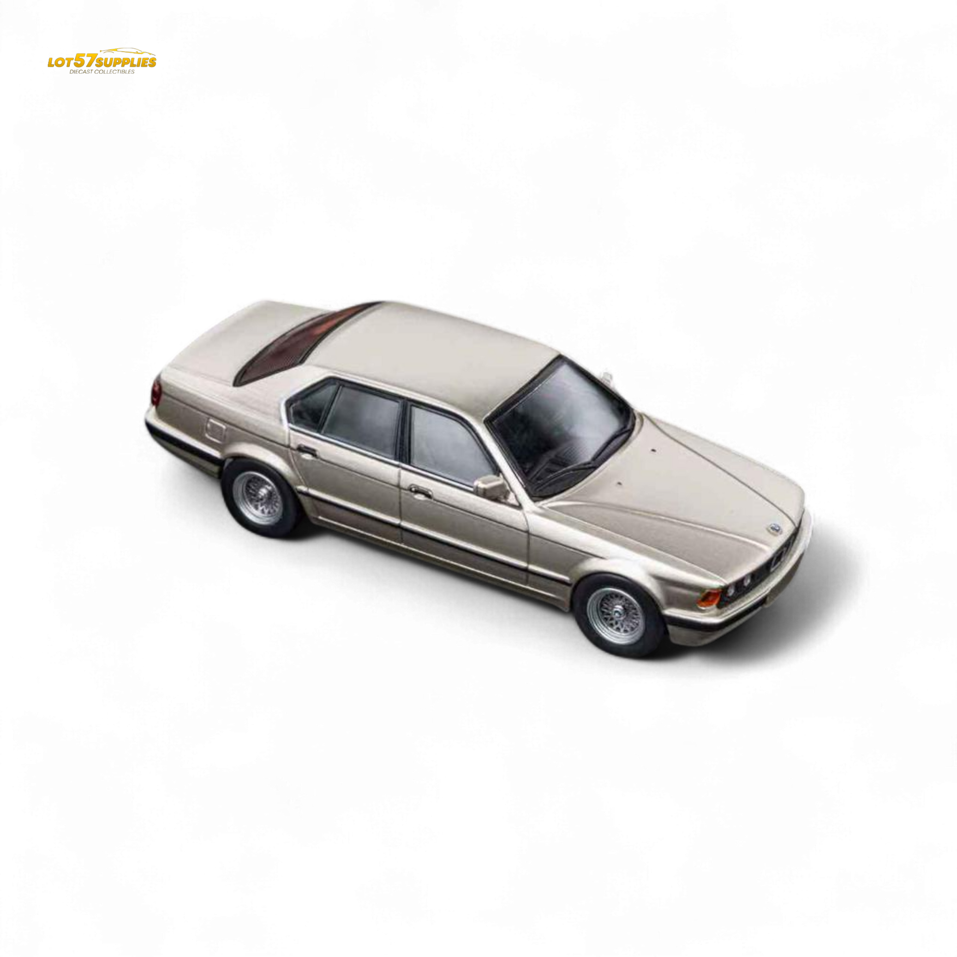 Gold Beagle 1:64 scale diecast model of BMW E32 7-Series sedan in cashmere color by Lot57Supplies Diecast Shop.
