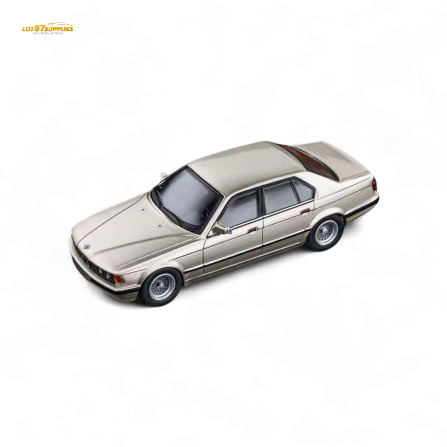 Gold beagle BMW E32 7-Series diecast model in 1:64 scale, featuring detailed cashmere finish, by Lot57Supplies Diecast Shop.