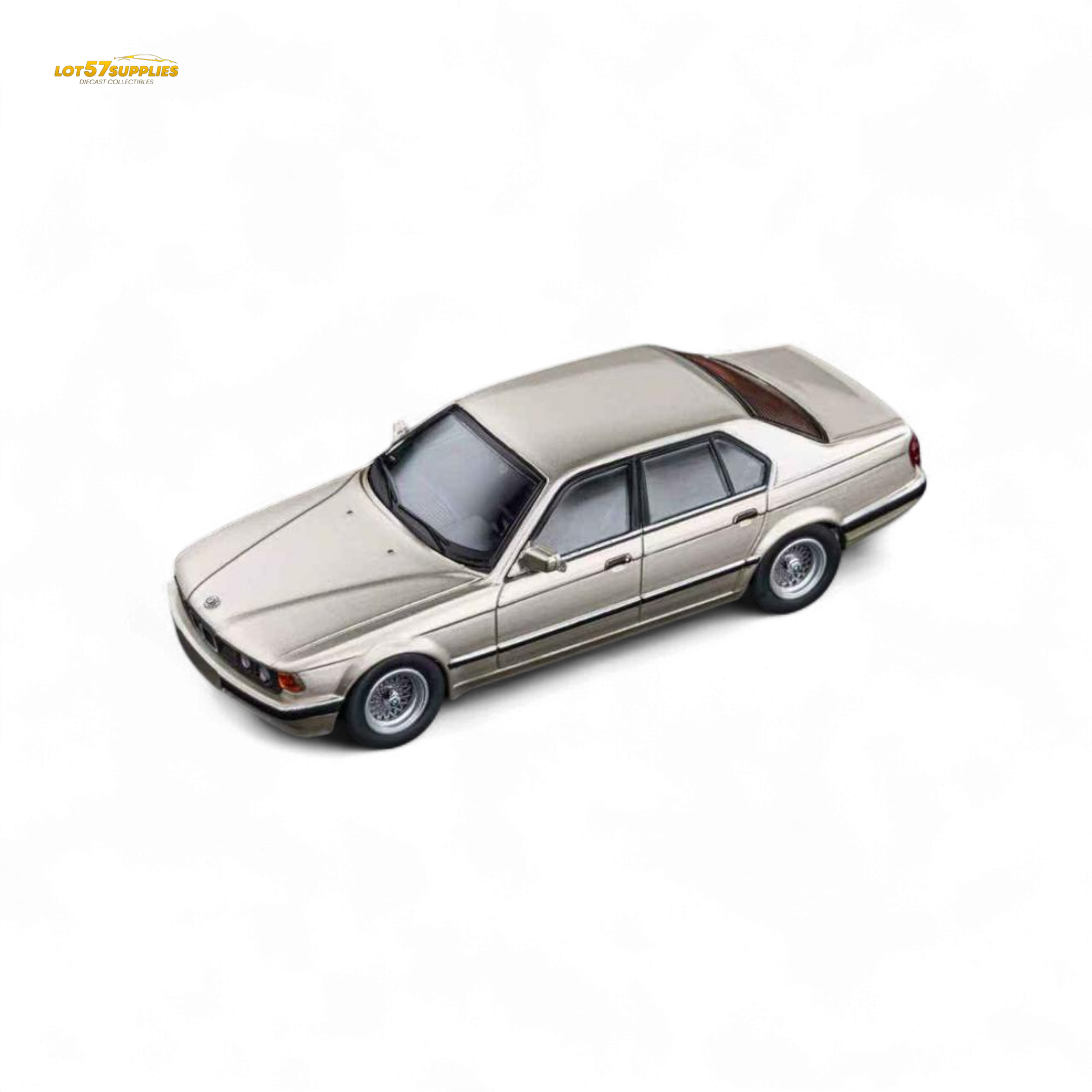 Gold beagle BMW E32 7-Series diecast model in 1:64 scale, featuring detailed cashmere finish, by Lot57Supplies Diecast Shop.