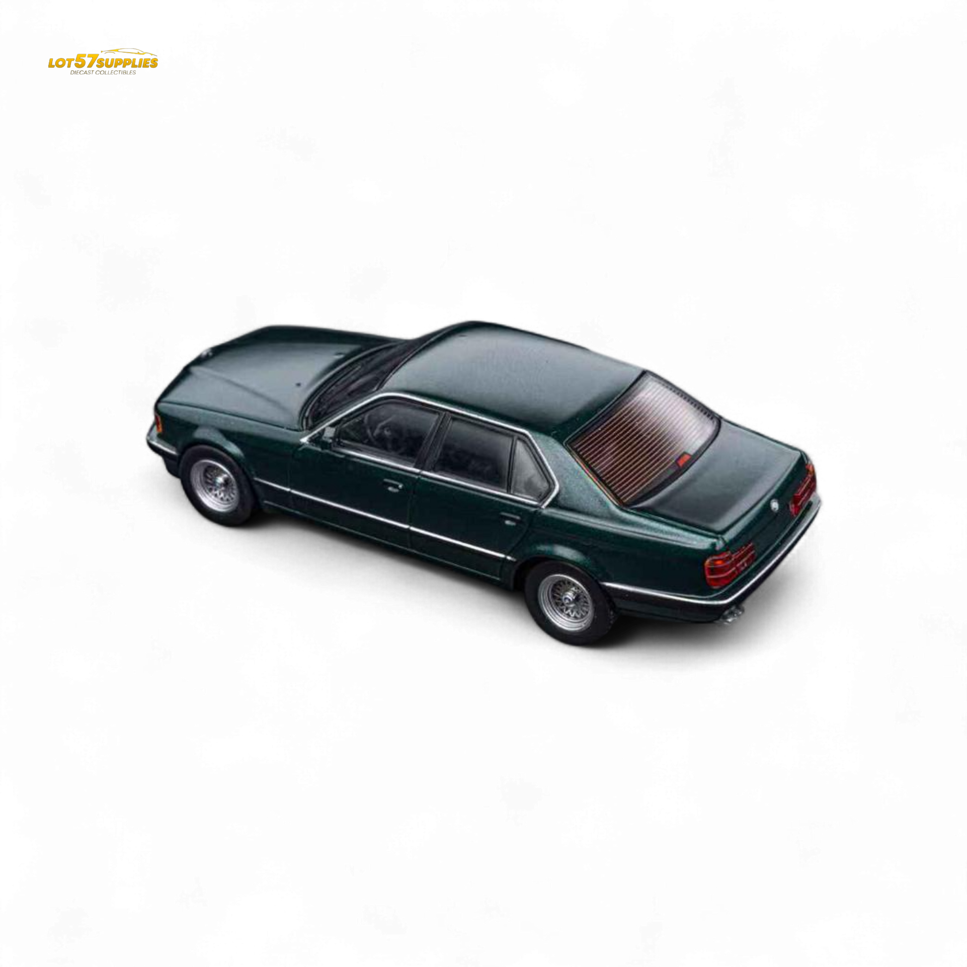 Orange metallic green BMW E32 7-Series sedan diecast model in 1:64 scale, detailed miniature by Lot57Supplies Diecast Shop.