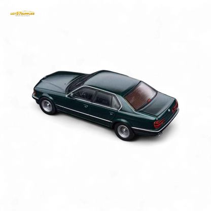 Orange metallic green BMW E32 7-Series sedan diecast model in 1:64 scale, detailed miniature by Lot57Supplies Diecast Shop.