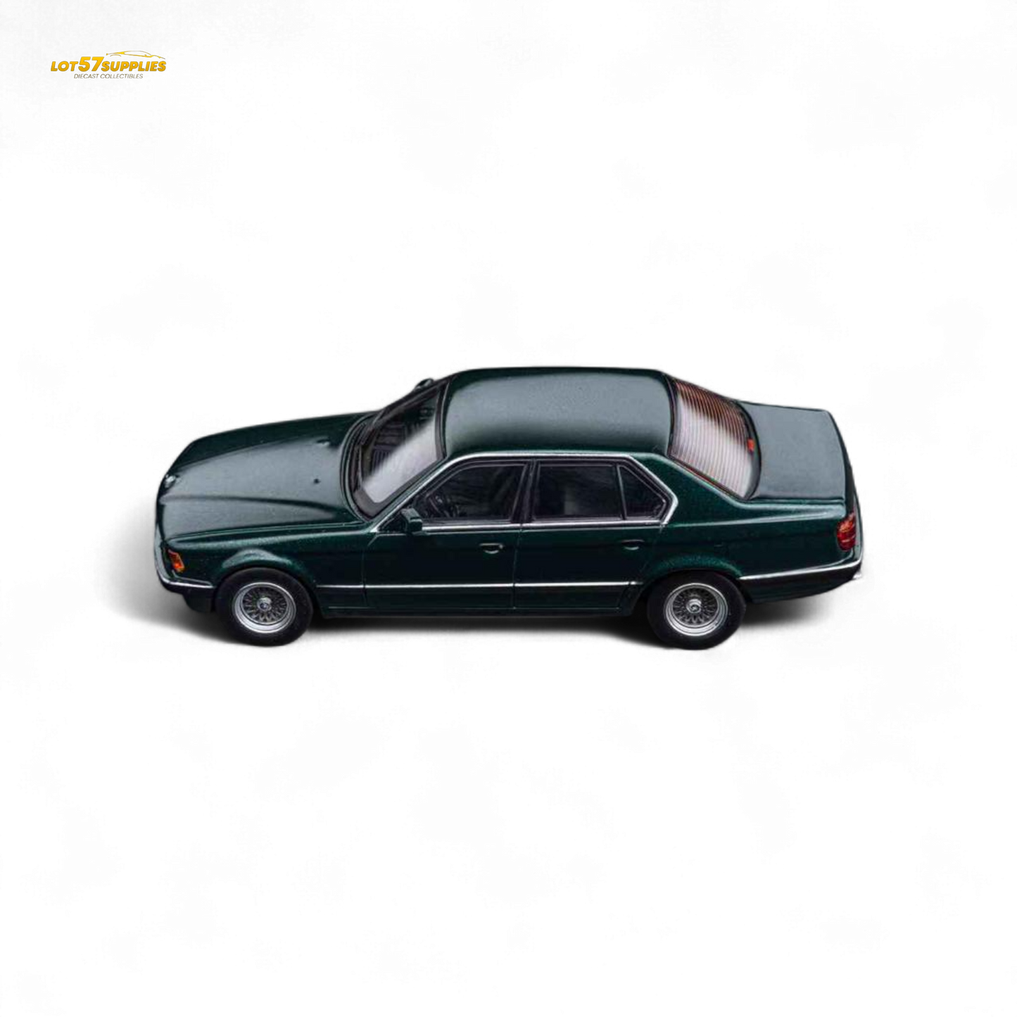 Pre-order diecast model of BMW E32 7-Series sedan in Oxford Metallic Green, 1:64 scale, by Lot57Supplies Diecast Shop.