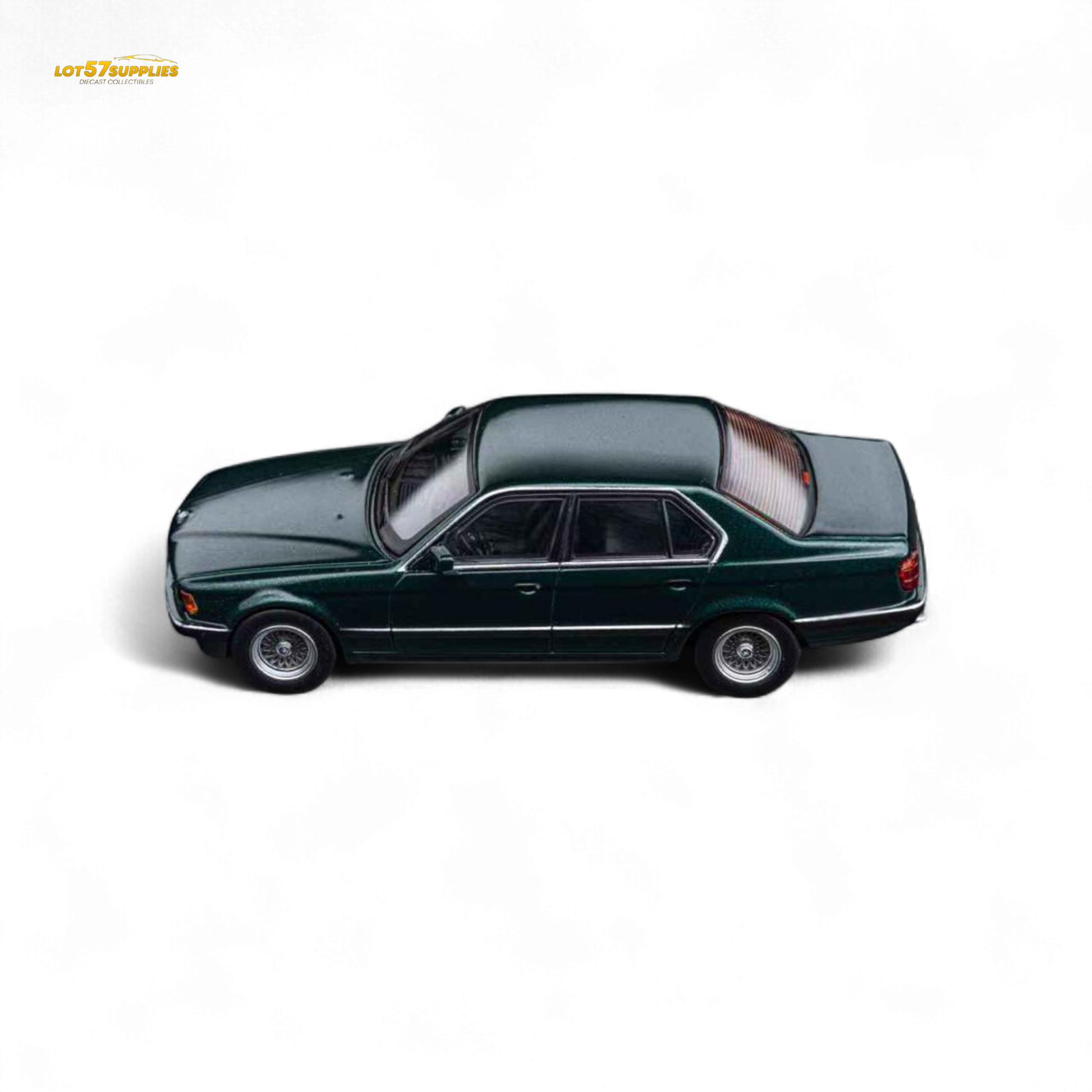 Pre-order diecast model of BMW E32 7-Series sedan in Oxford Metallic Green, 1:64 scale, by Lot57Supplies Diecast Shop.