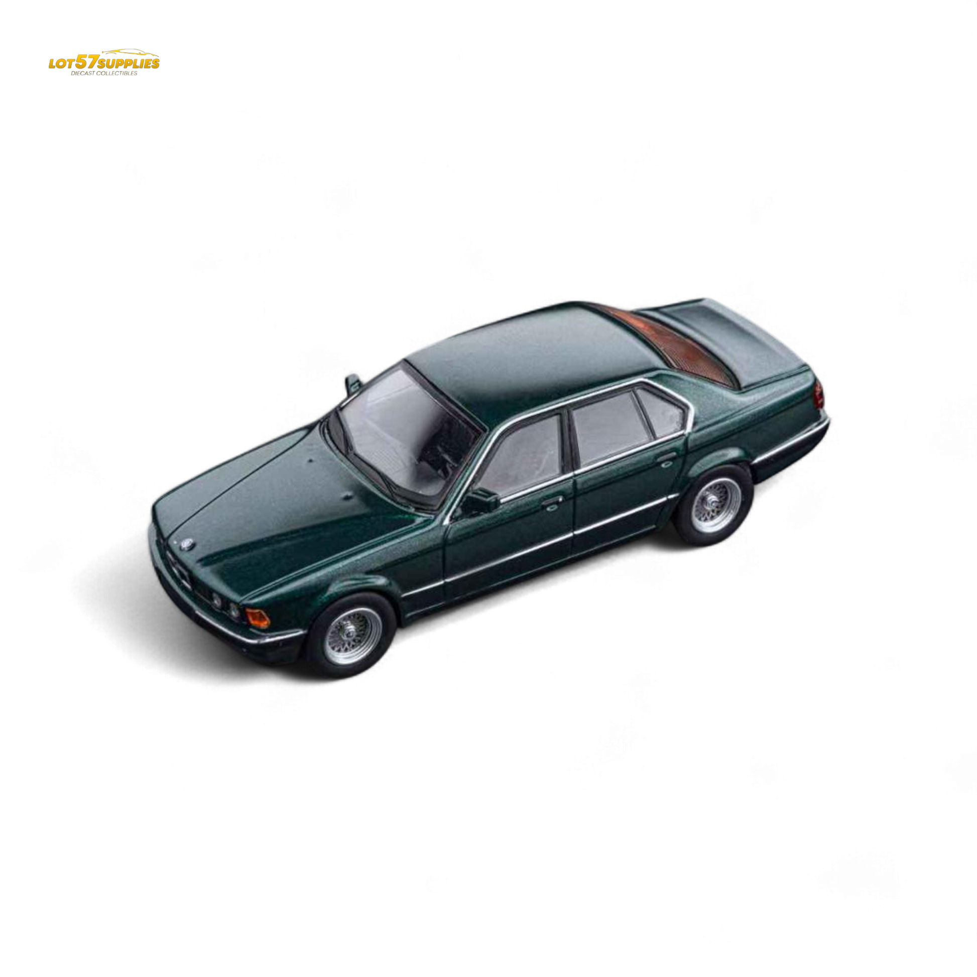 Diecast BMW E32 7-Series sedan in Oxford Metallic Green, 1:64 scale, model car by Lot57Supplies Diecast Shop.