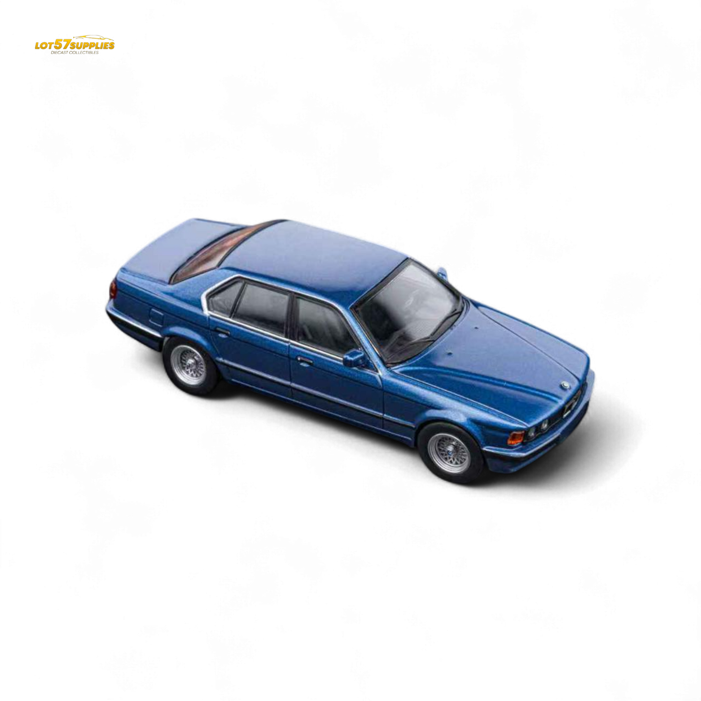 Miniature BMW E32 7-Series sedan in Alpina Blue, 1:64 scale diecast model by Lot57Supplies.