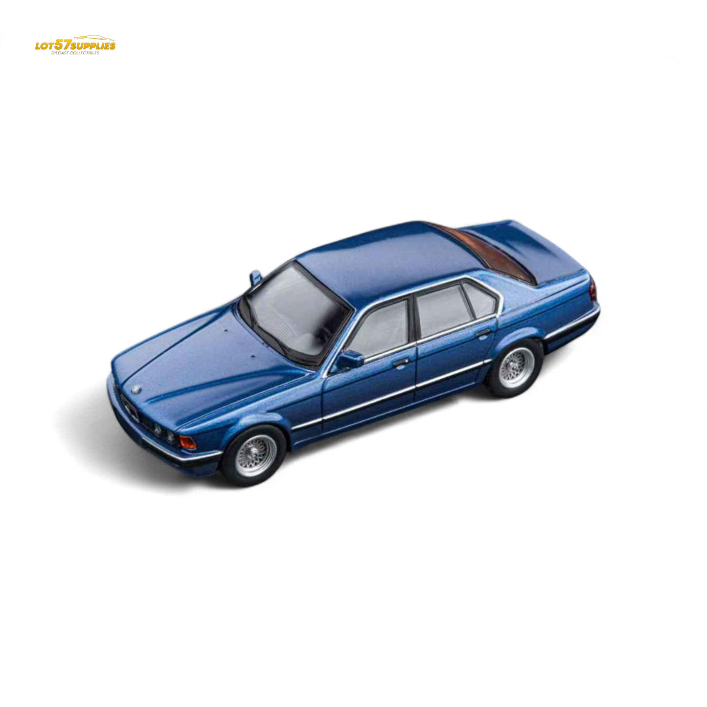 Blue BMW E32 7-Series diecast model in 1:64 scale, detailed replica from Lot57Supplies Diecast Shop, showing exterior features