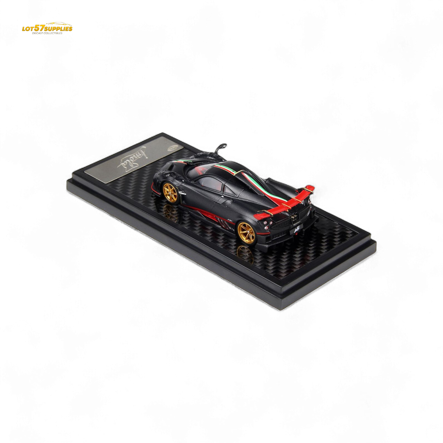 Matte black carbon LCD Pagani Imola diecast model in 1:64 scale, detailed replica showcasing intricate design features.