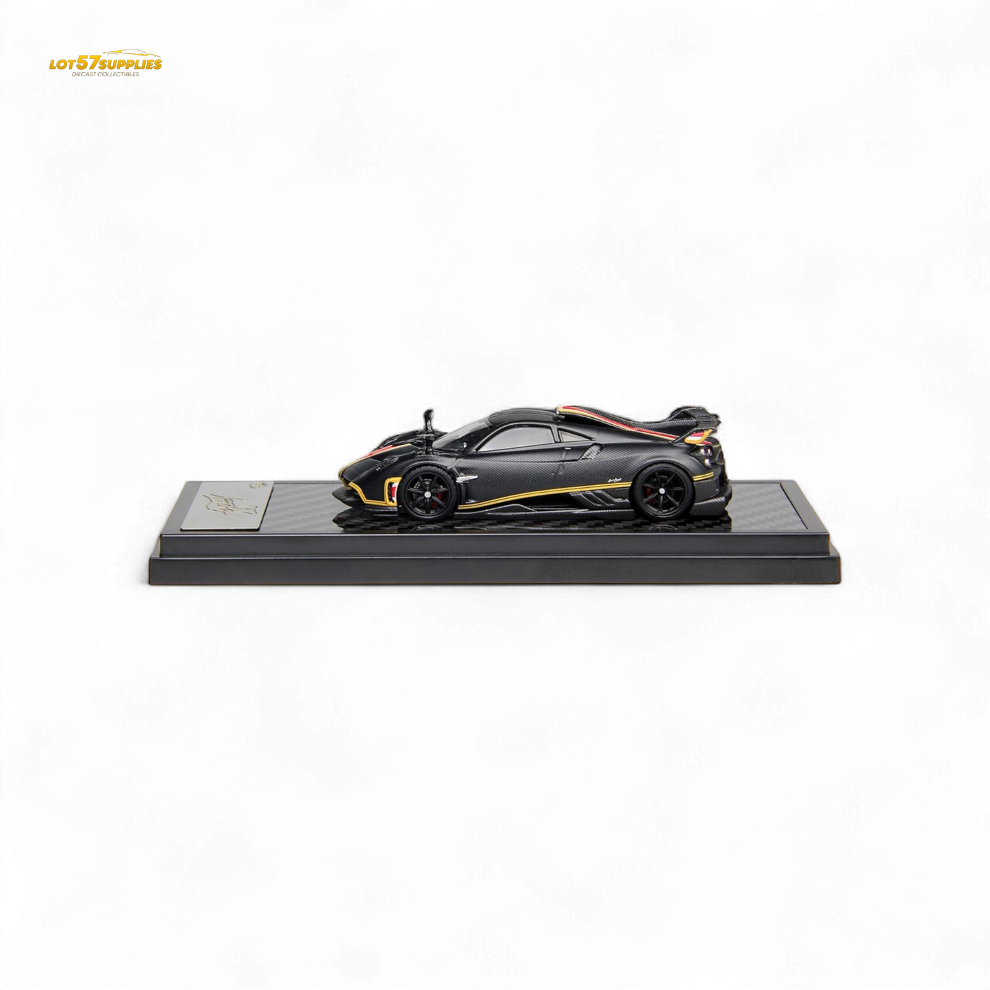 Pre-order LCD Pagani Imola diecast model in matte black and carbon finish, 1:64 scale, detailed collectible car.