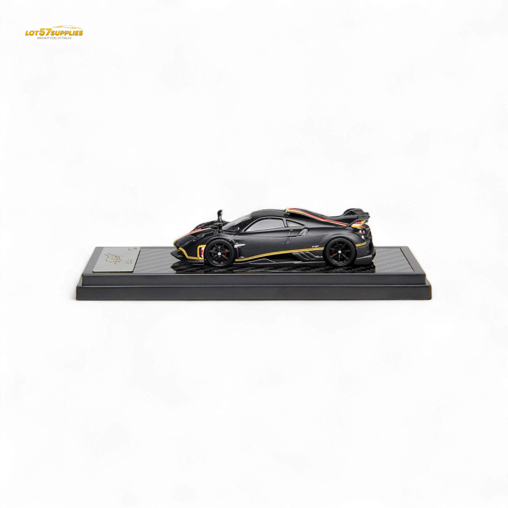 Pre-order LCD Pagani Imola diecast model in matte black and carbon finish, 1:64 scale, detailed collectible car.
