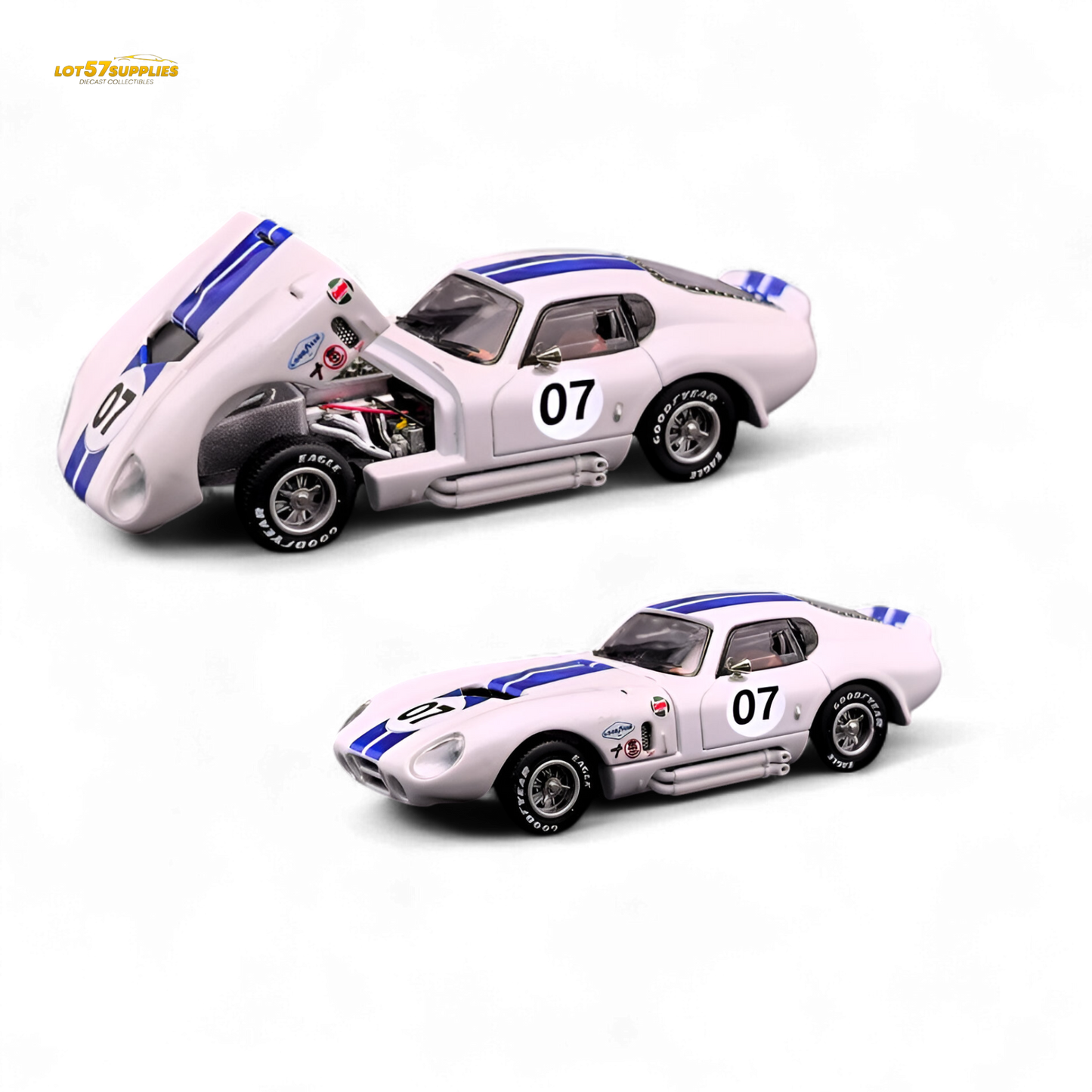 White Shelby Daytona diecast car with blue stripes, 1:64 scale, from Lot57Supplies Diecast Shop, detailed collectible model.