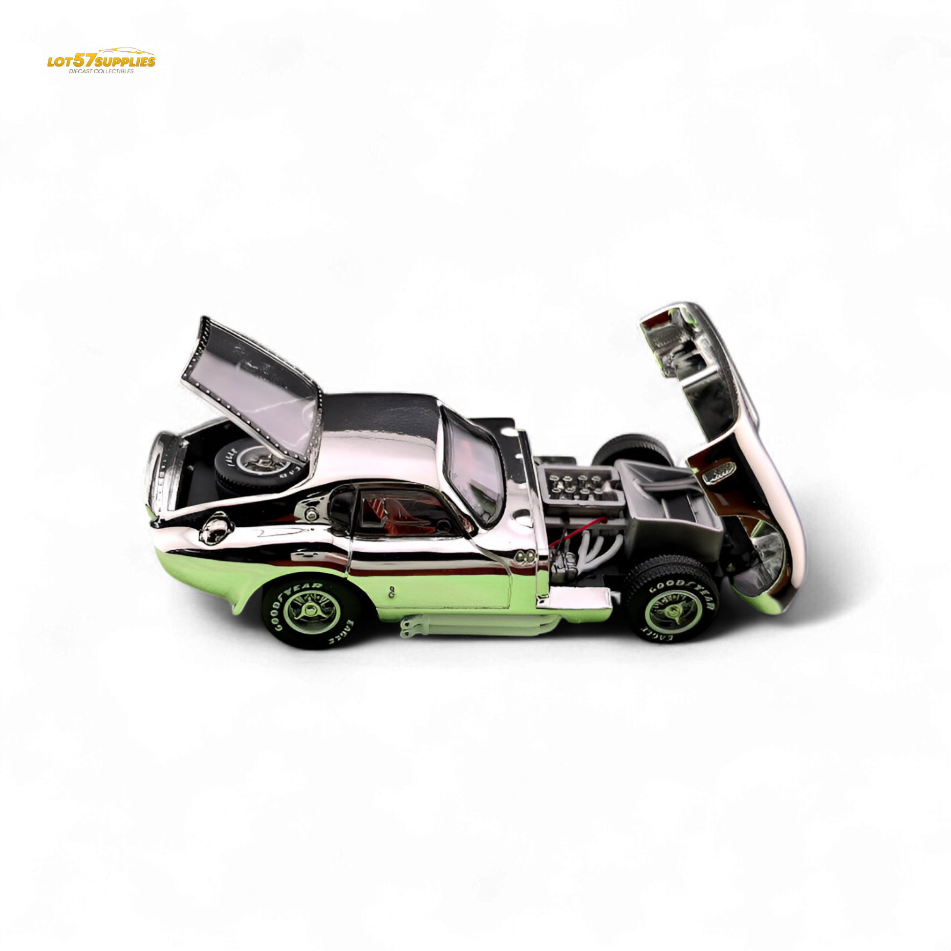 Silver Shelby Daytona diecast car by Fine Works64, detailed 1:64 scale model with chrome finish from Lot57Supplies Diecast Shop.