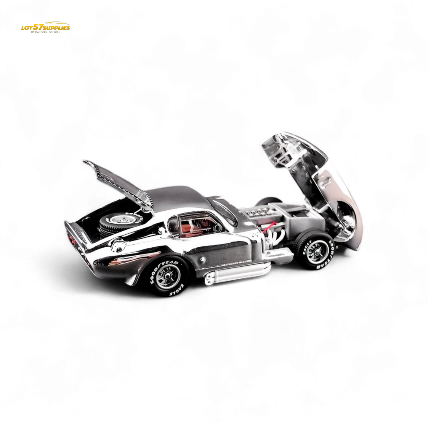 Silver Shelby Daytona diecast car by Fine Works64 in 1:64 scale, featuring chrome details, from Lot57Supplies Diecast Shop.