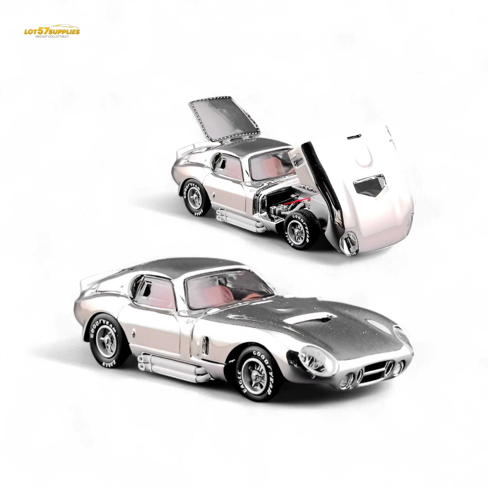 Silver Shelby Daytona diecast car in 1:64 scale by Lot57Supplies Diecast Shop, featuring chrome finish and detailed design.