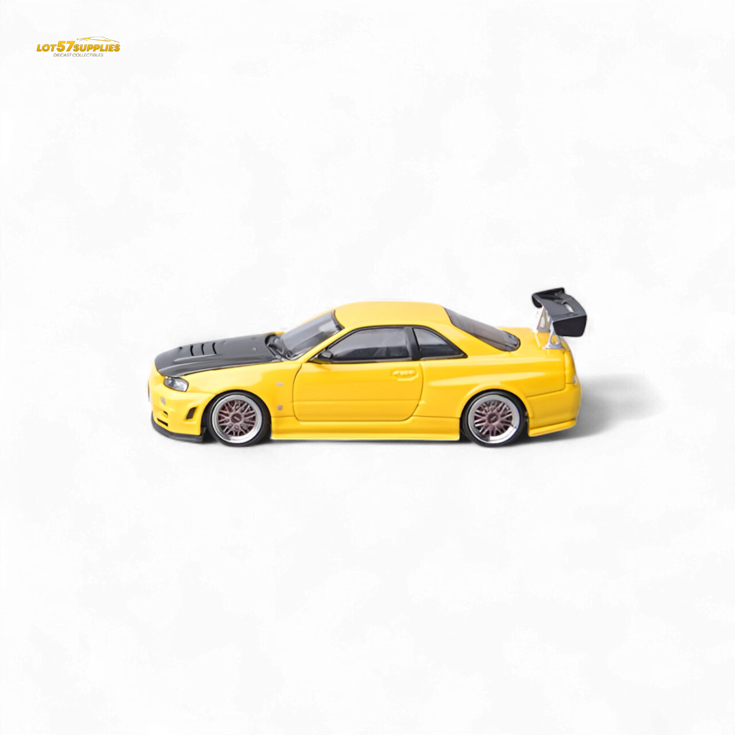 Yellow Nissan Skyline GT-R R34 Z-Tune diecast model with carbon hood, detailed 1:64 scale, from Lot57Supplies Diecast Shop.