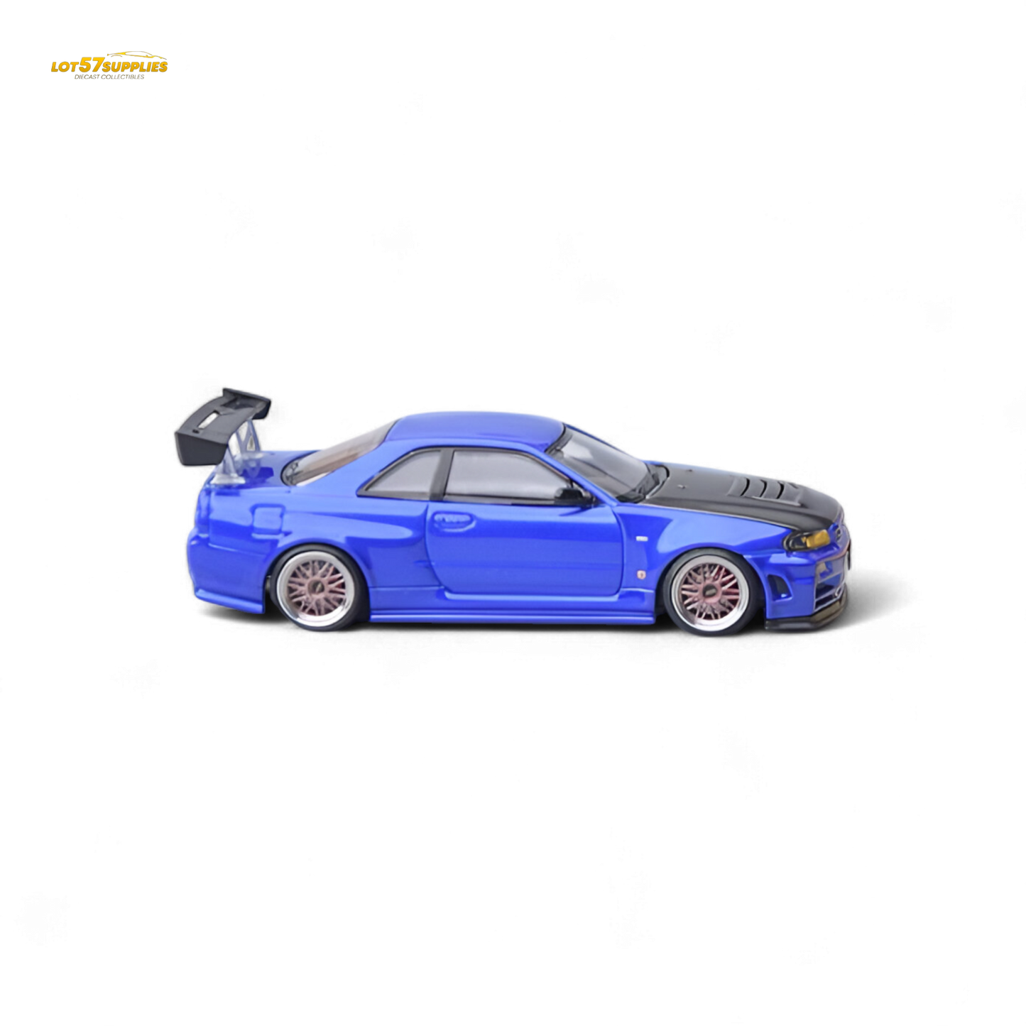 Nissan Skyline R34 GT-R diecast model in Bayside Blue, 1:64 scale, detailed replica from Lot57Supplies Diecast Shop.