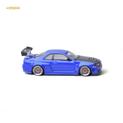 Nissan Skyline R34 GT-R diecast model in Bayside Blue, 1:64 scale, detailed replica from Lot57Supplies Diecast Shop.