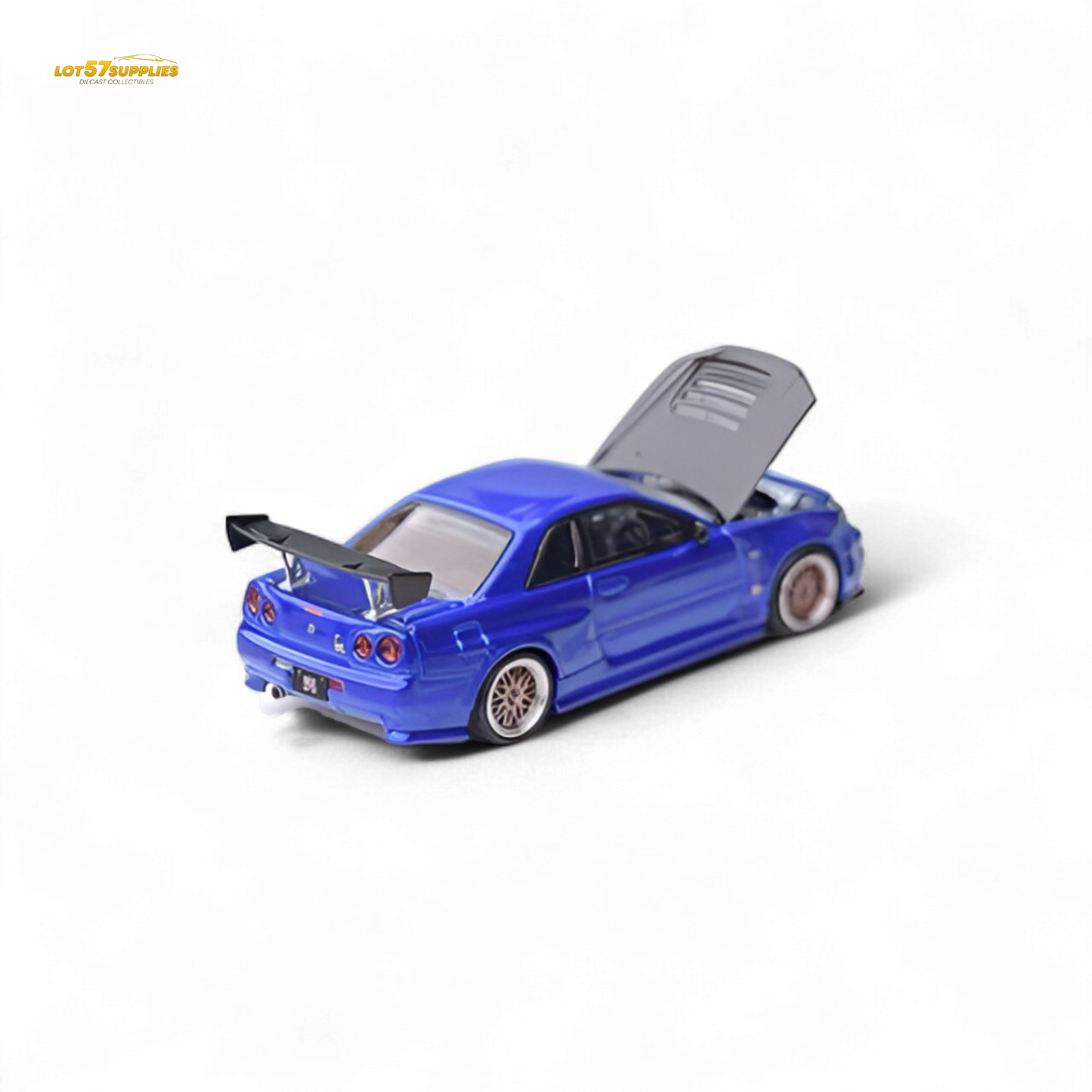 Nissan Focal Horizon Skyline GT-R R34 diecast car in Bayside Blue, 1:64 scale, featuring detailed exterior and sporty design.