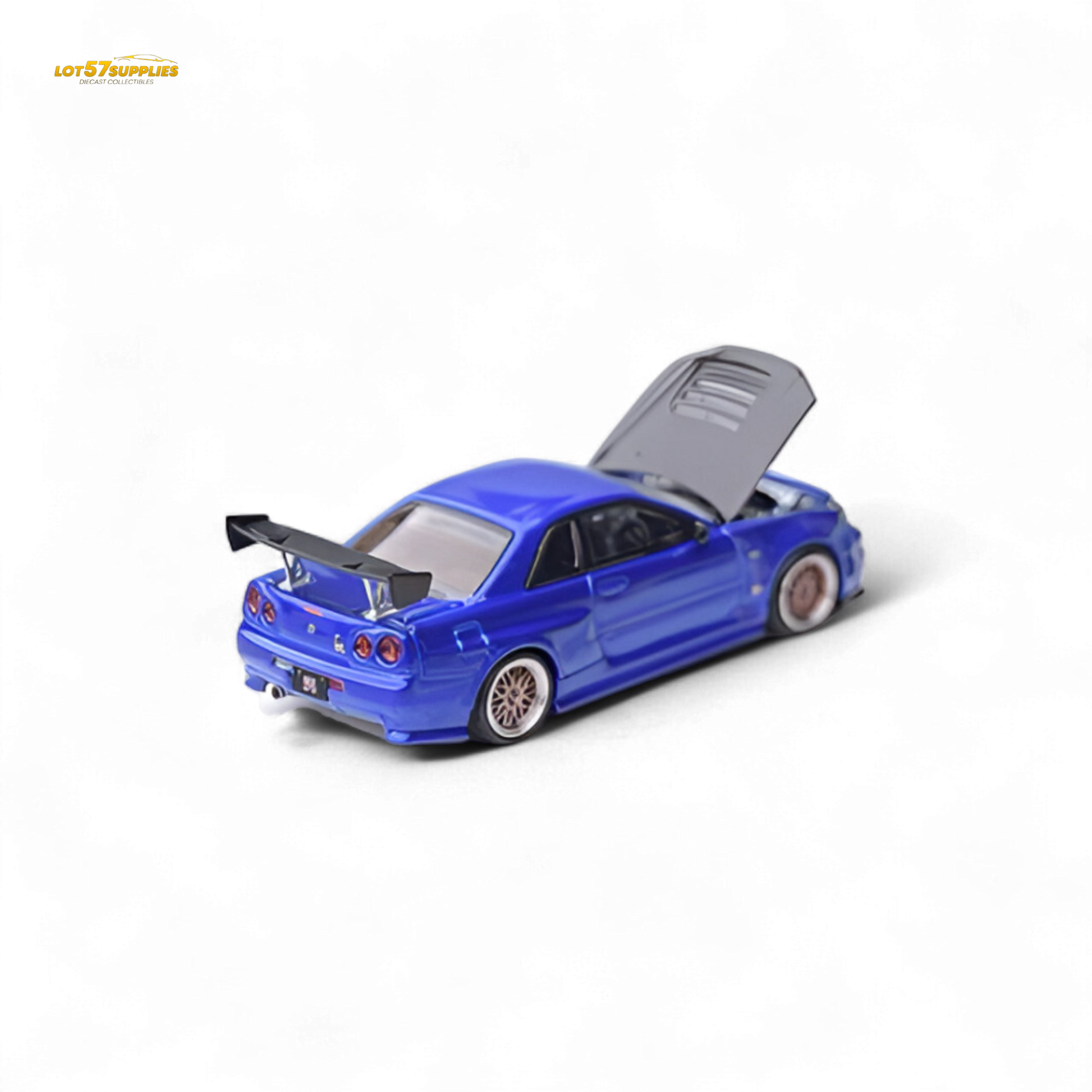 Nissan Focal Horizon Skyline GT-R R34 diecast car in Bayside Blue, 1:64 scale, featuring detailed exterior and sporty design.