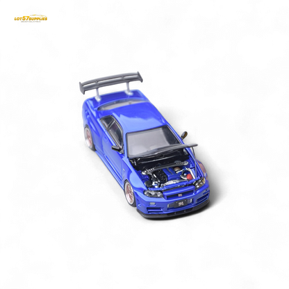 Blue Nissan Skyline GT-R R34 diecast car in 1:64 scale, detailed model with Bayside Blue finish from Lot57Supplies Diecast Shop