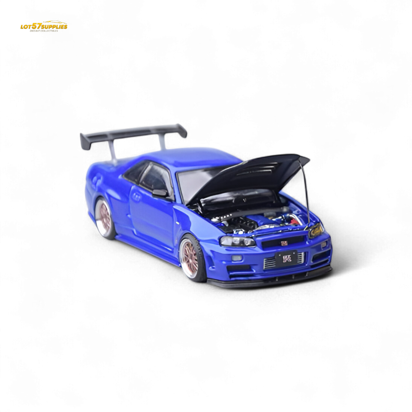 Blue Nissan Skyline GT-R R34 diecast model in Bayside Blue, 1:64 scale, from Lot57Supplies Diecast Shop.