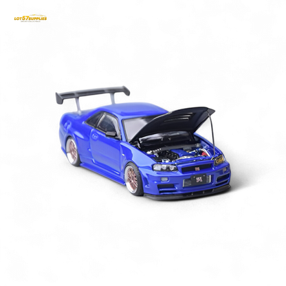 Blue Nissan Skyline GT-R R34 diecast model in Bayside Blue, 1:64 scale, from Lot57Supplies Diecast Shop.