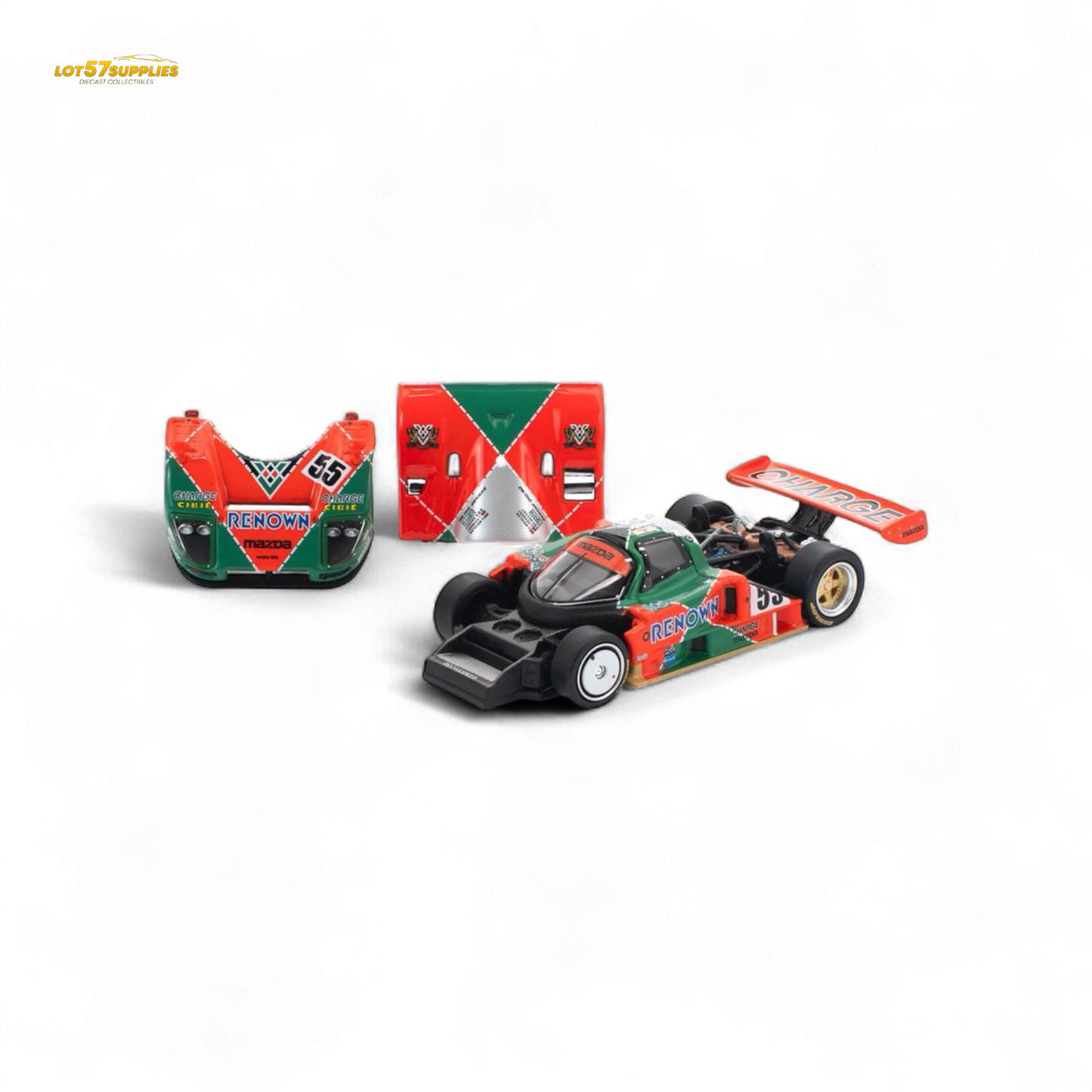 Pre-order Lot57Supplies Mazda 787B 1:64 diecast model, detailed miniature racing car in orange and green livery.