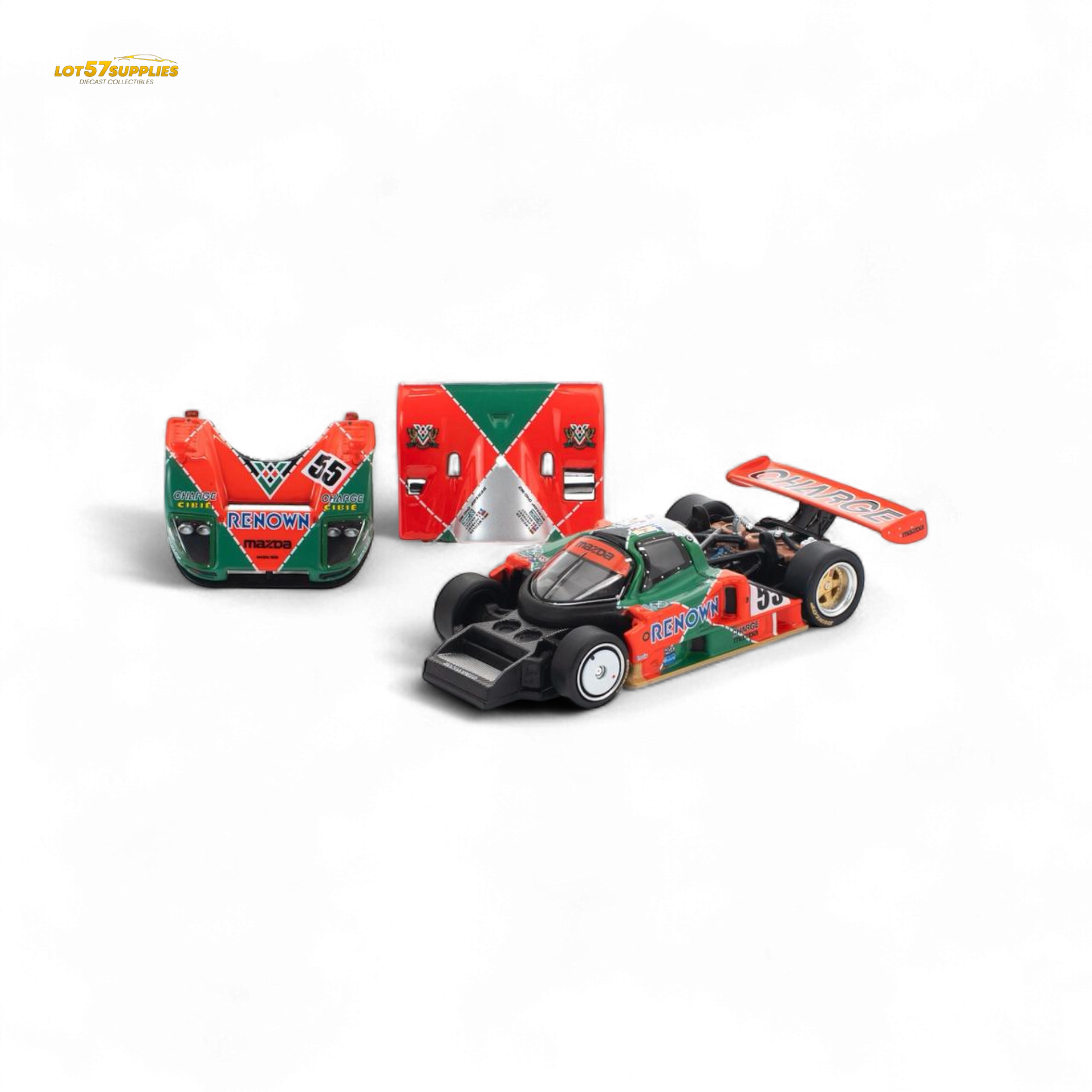Pre-order Lot57Supplies Mazda 787B 1:64 diecast model, detailed miniature racing car in orange and green livery.
