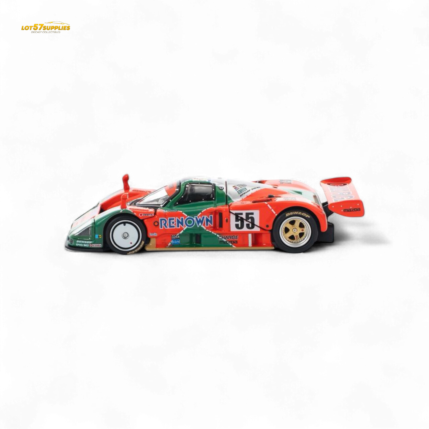 Pre-order Lot57Supplies Mazda PopRace 1:64 diecast model of the Mazda 787B with detailed orange and green livery.