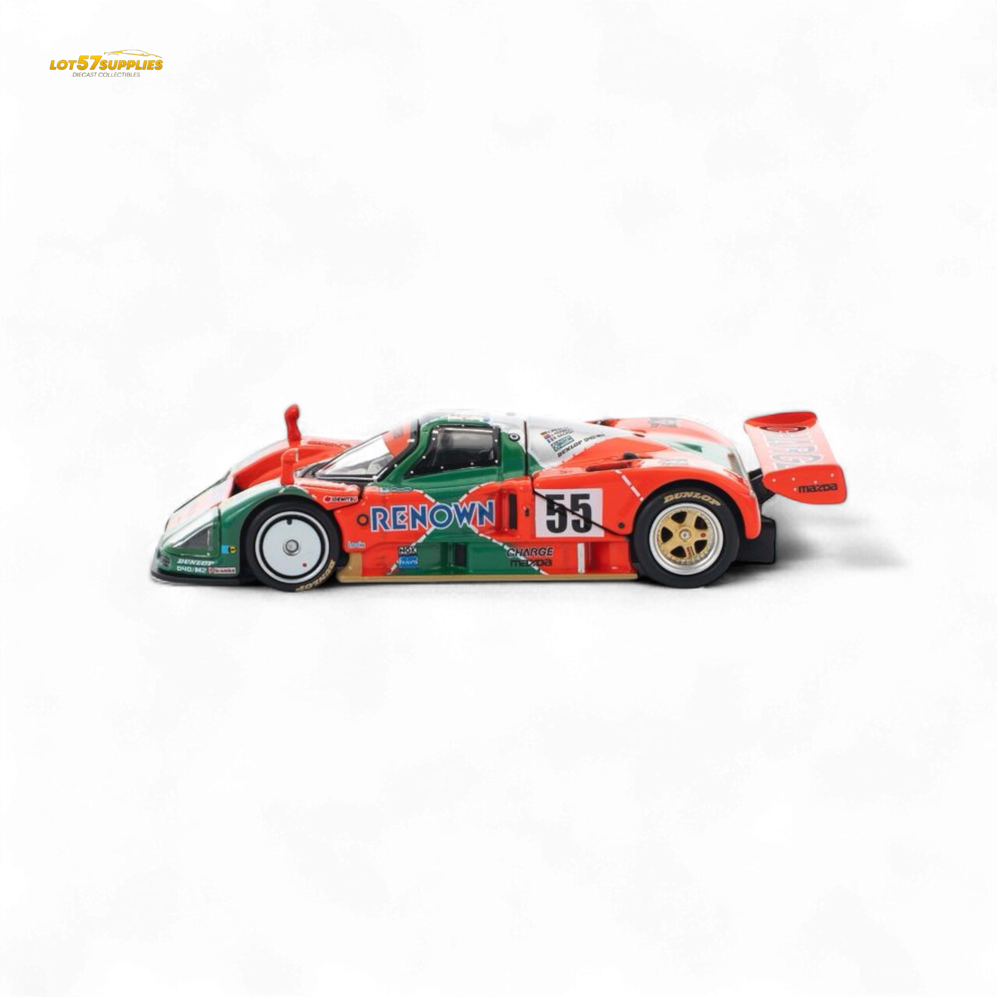 Pre-order Lot57Supplies Mazda PopRace 1:64 diecast model of the Mazda 787B with detailed orange and green livery.