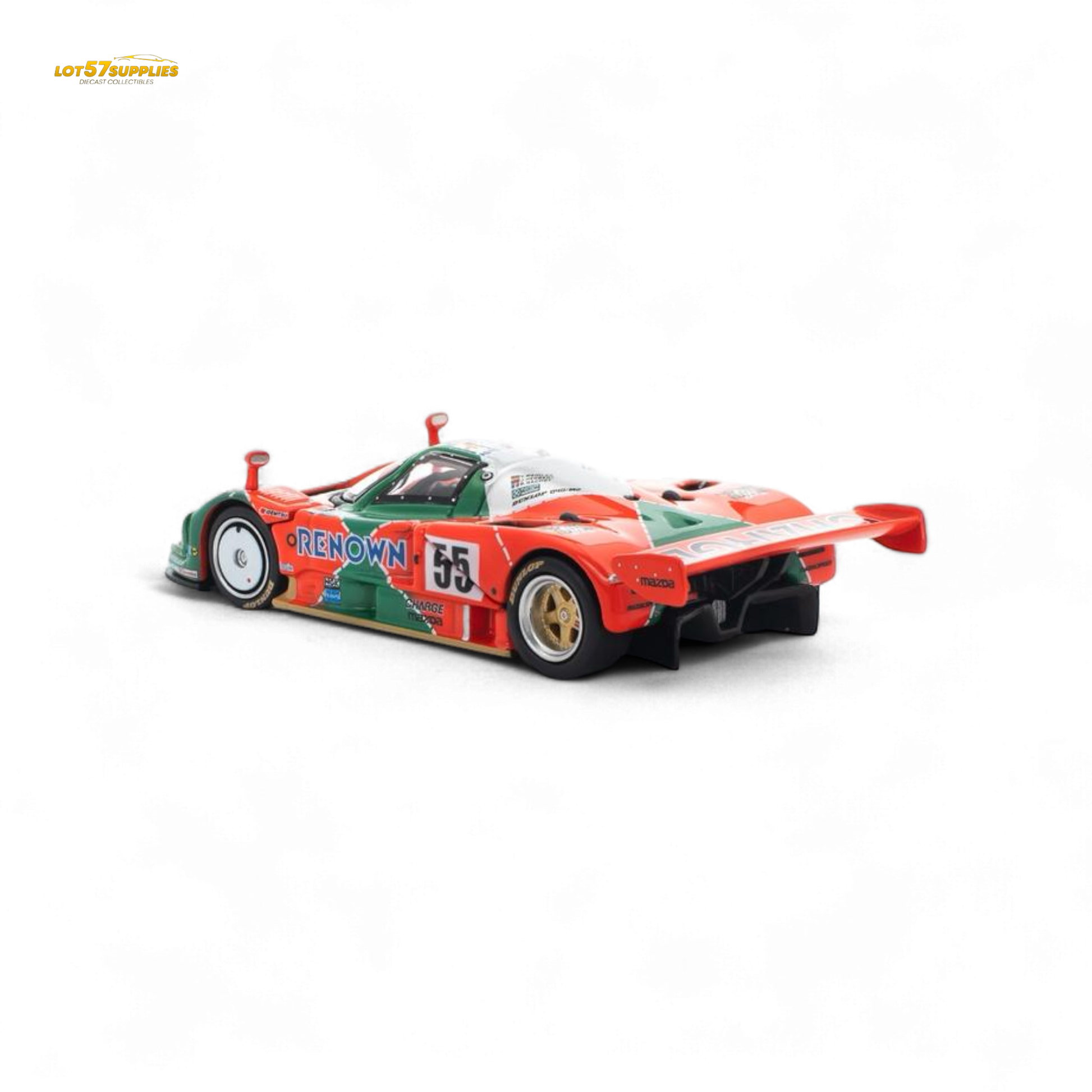 Pre-order Lot57Supplies Mazda 787B diecast model in 1:64 scale, showing detailed red and white race car with Mazda branding.