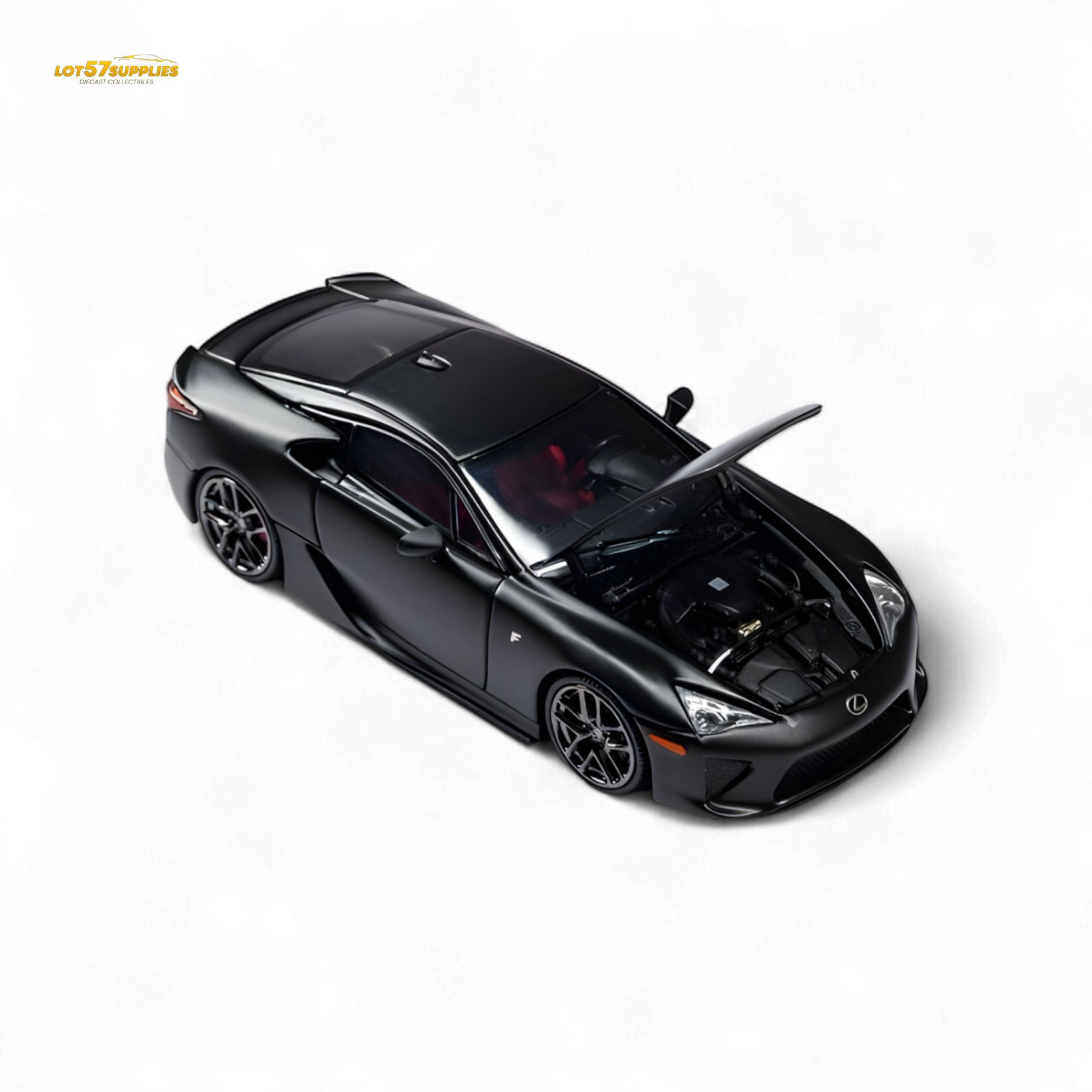 Matt black 1:64 scale Lexus LFA diecast model by Lot57Supplies, detailed miniature car with sleek design.