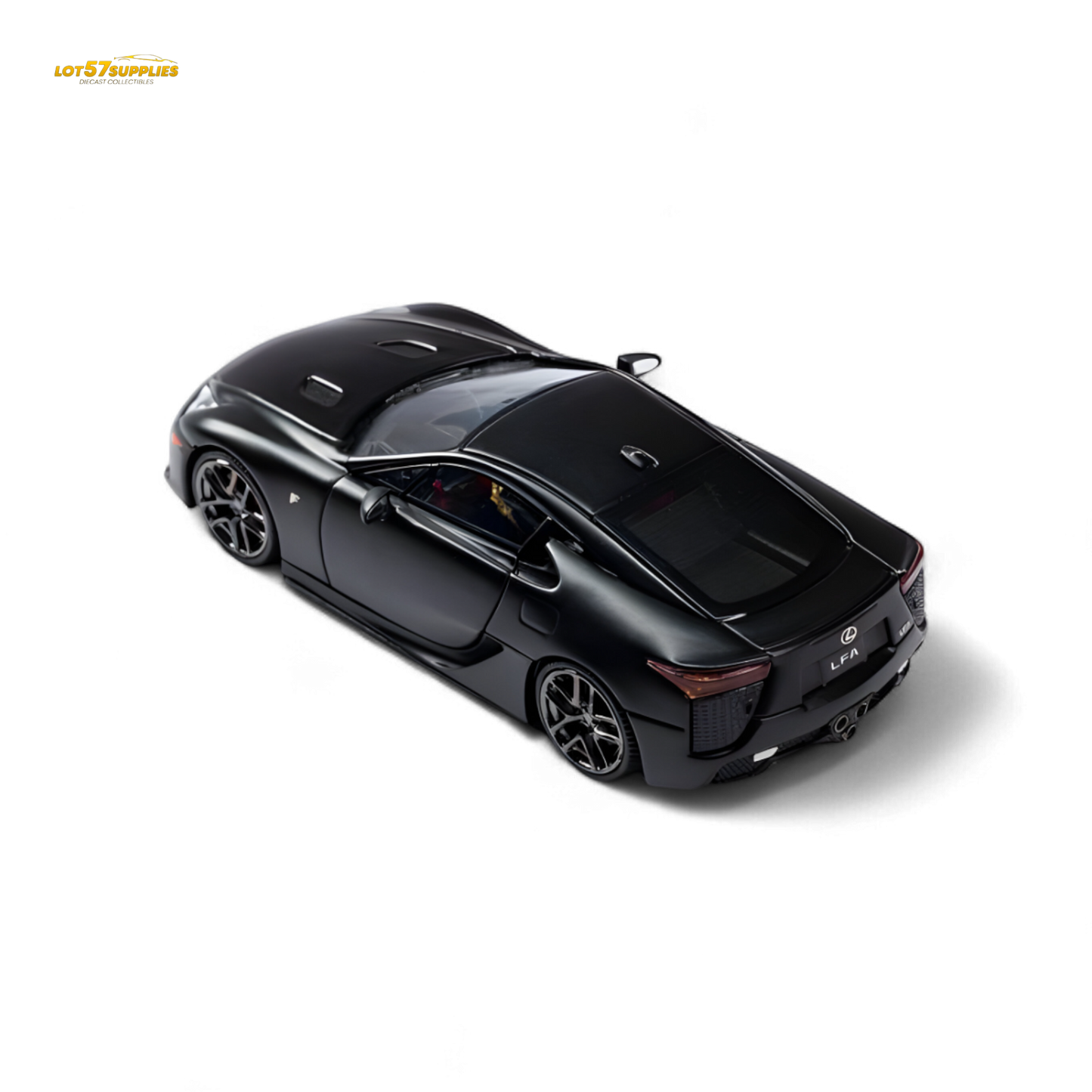 Matt black Model One Lexus LFA diecast car in 1:64 scale by Lot57Supplies, showcasing detailed exterior and sleek design.