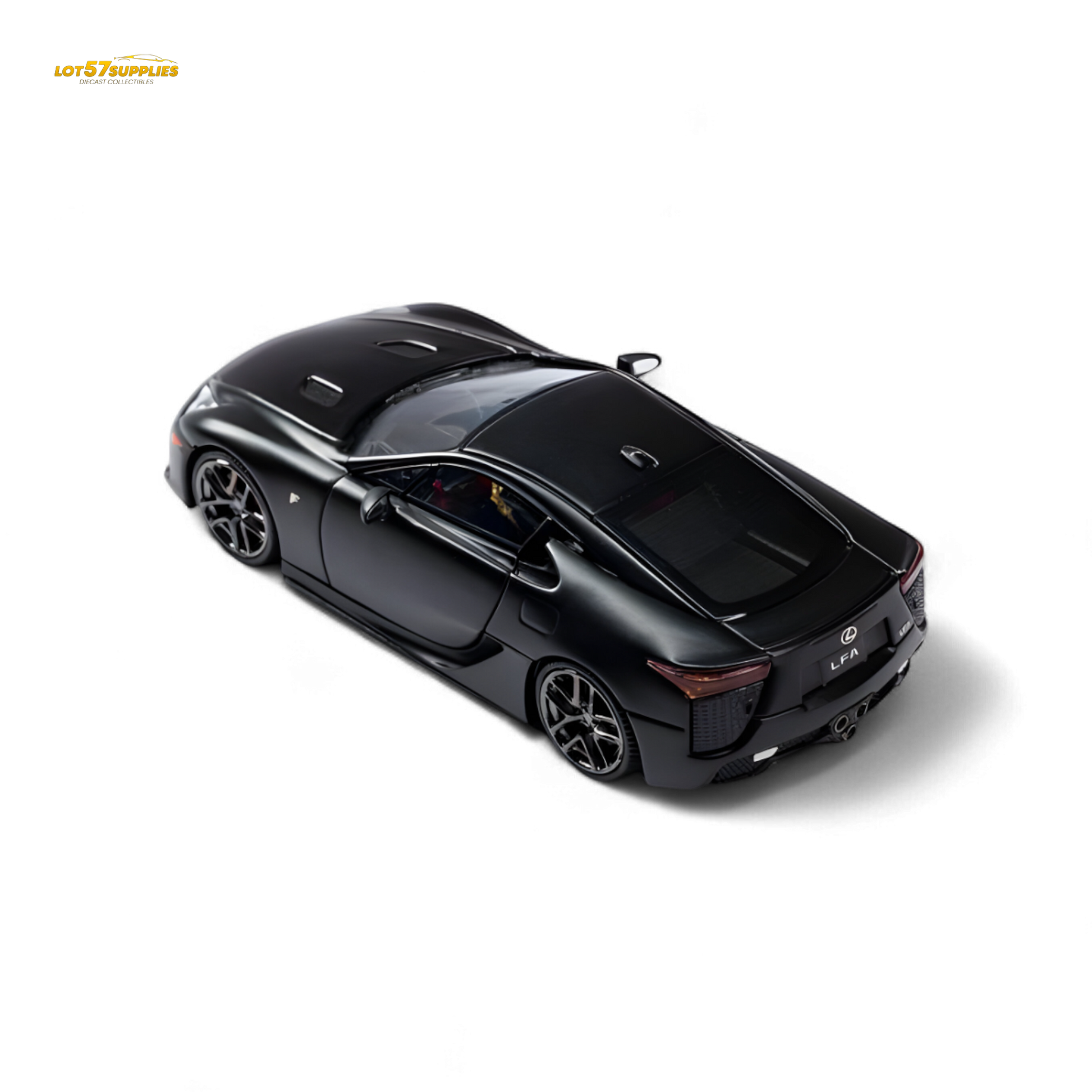 Matt black Model One Lexus LFA diecast car in 1:64 scale by Lot57Supplies, showcasing detailed exterior and sleek design.
