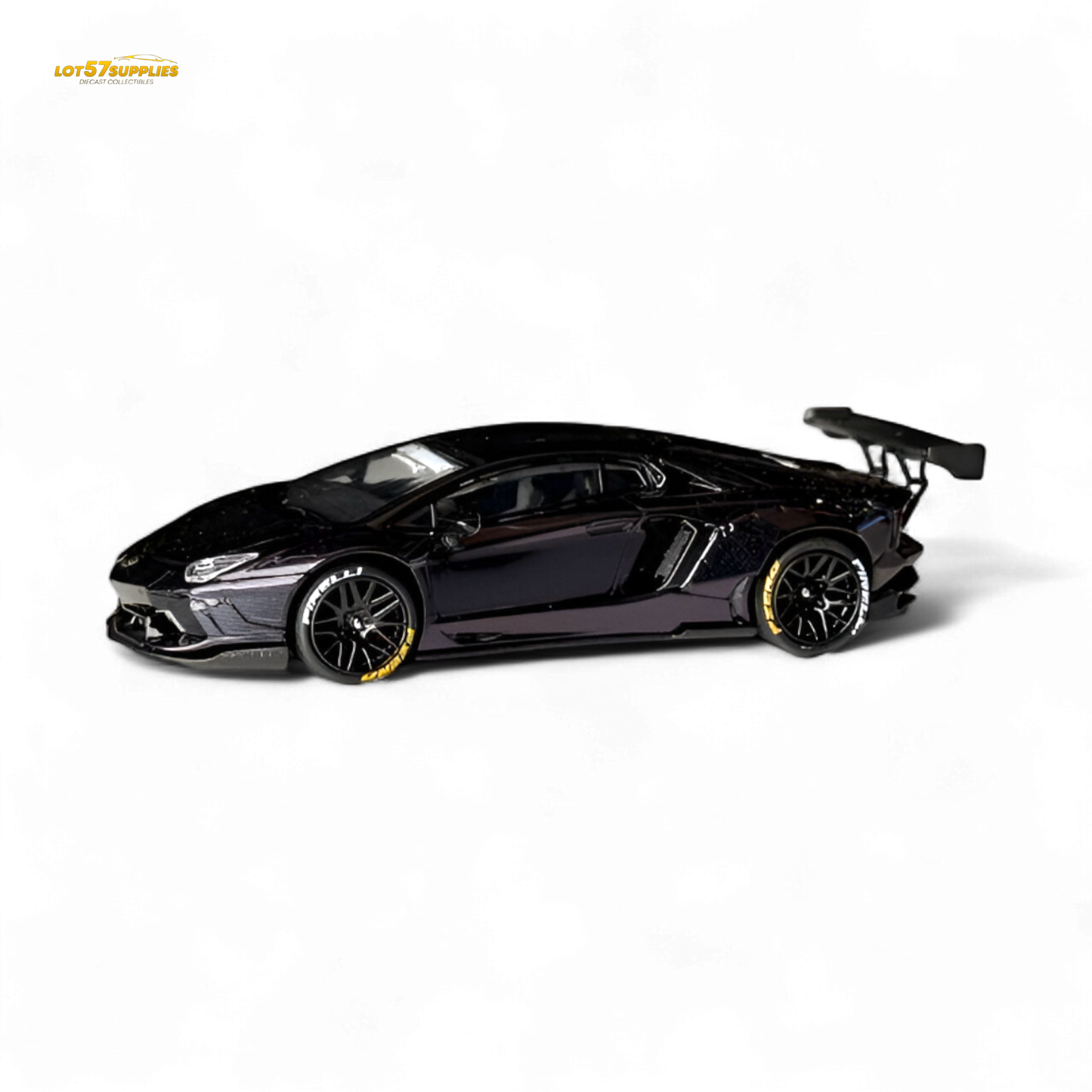 Purple diecast Lamborghini Aventador LP700-4 model by Lot57Supplies, featuring carbon fiber details, 1:64 scale, detailed miniature car.