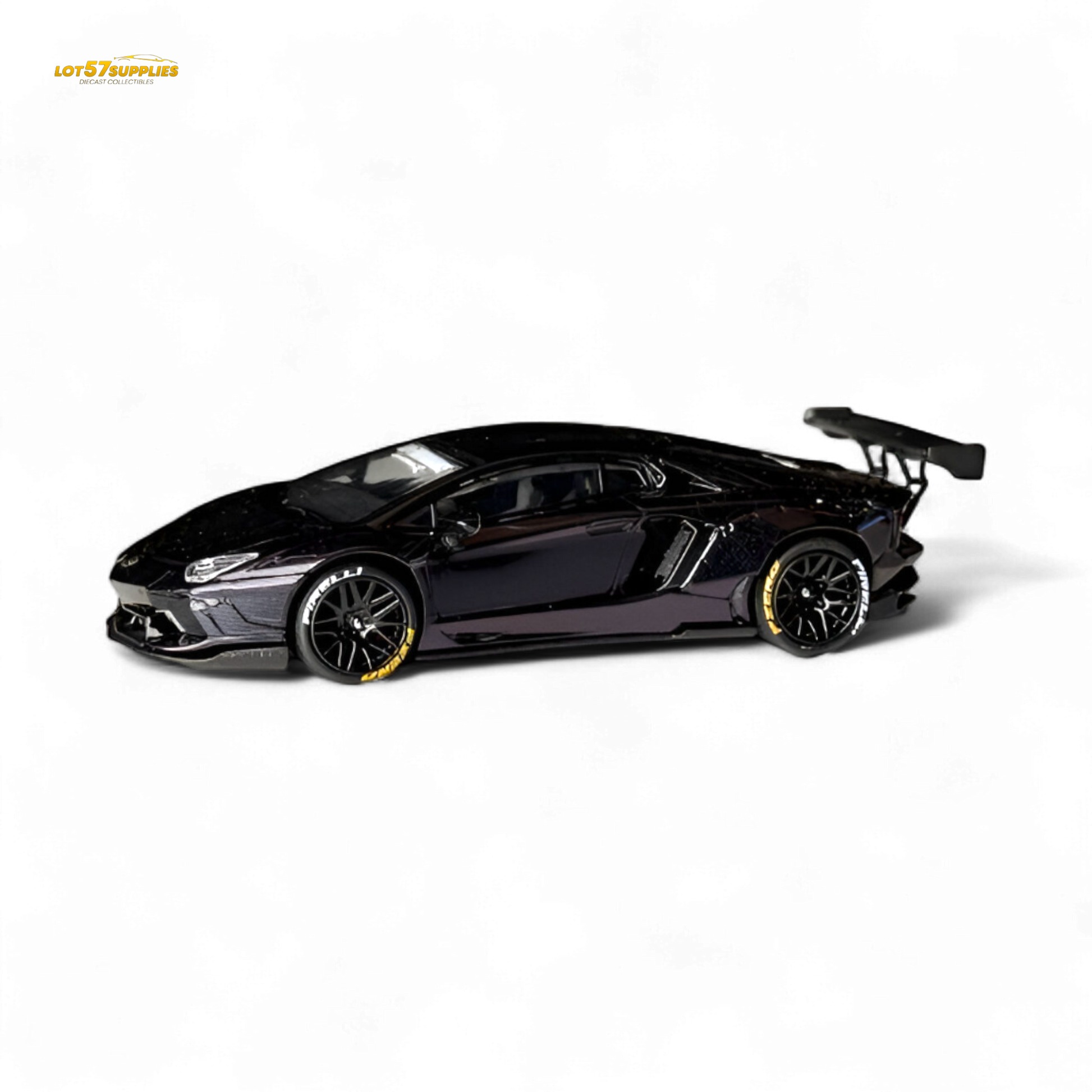Purple diecast Lamborghini Aventador LP700-4 model by Lot57Supplies, featuring carbon fiber details, 1:64 scale, detailed miniature car.