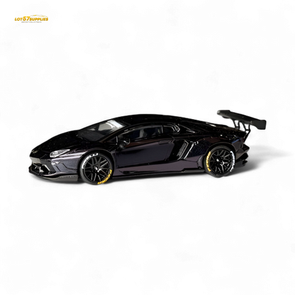 Purple diecast Lamborghini Aventador LP700-4 model by Lot57Supplies, featuring carbon fiber details, 1:64 scale, detailed miniature car.