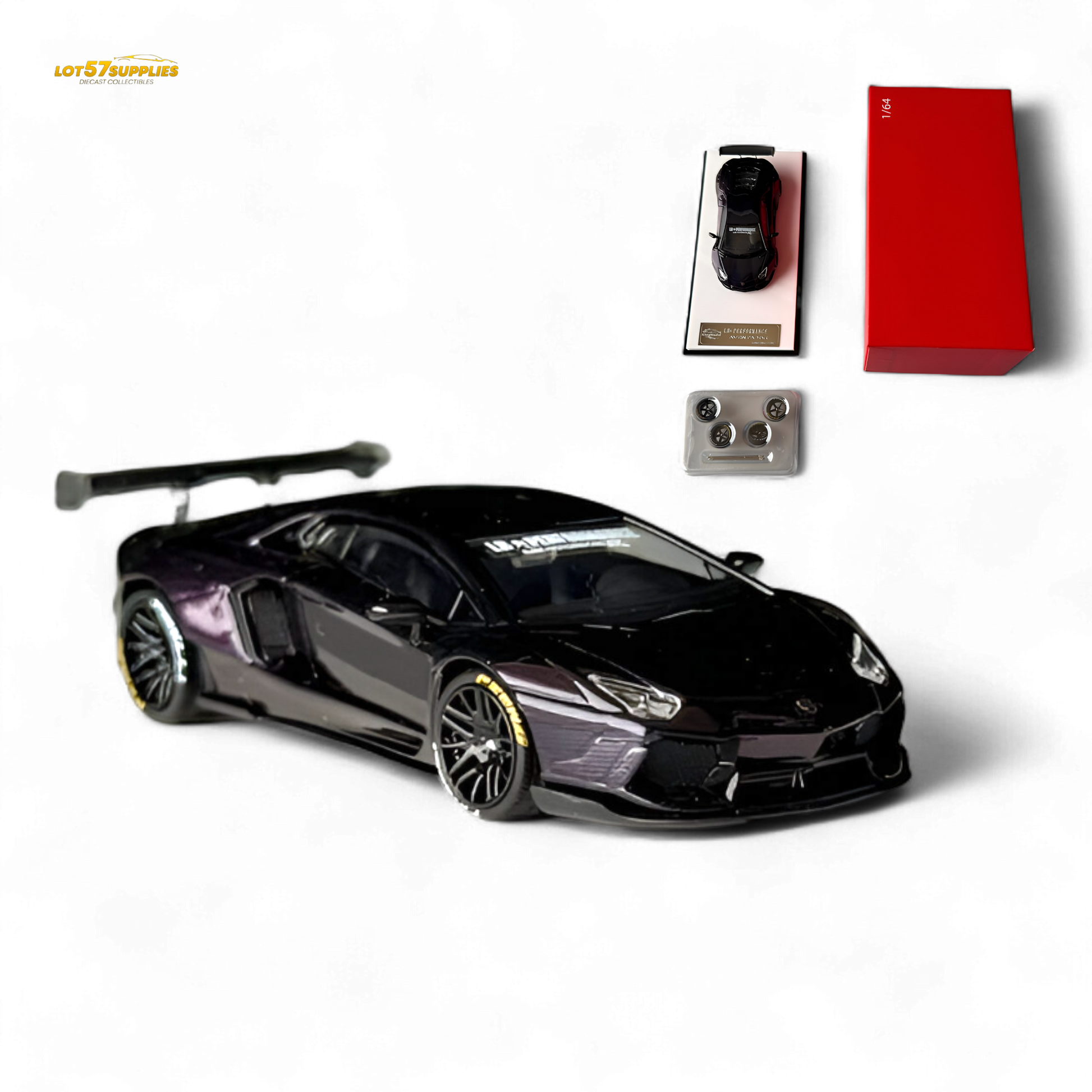 Purple Lamborghini Aventador LP700-4 diecast model by King Model, featuring carbon fiber details, 1:64 scale, detailed collectible car.