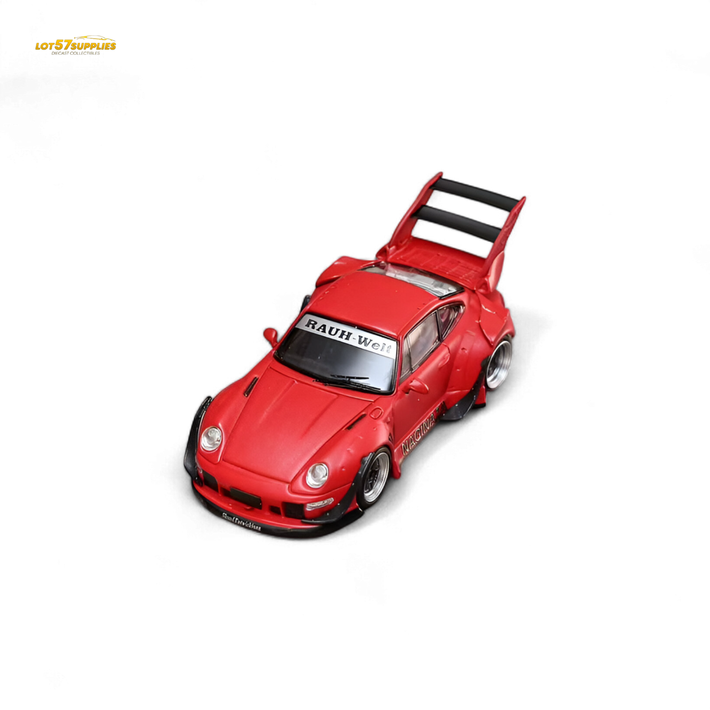 Red Porsche 993 Naginata diecast model in RWB livery, 1:64 scale, showcasing detailed exterior design and vibrant color.