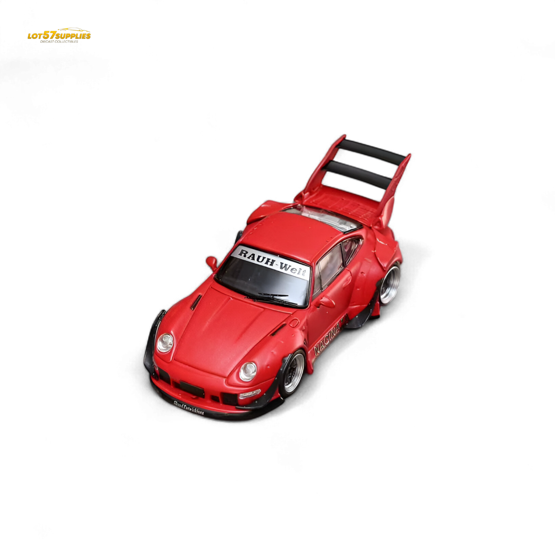 Red Porsche 993 Naginata diecast model in RWB livery, 1:64 scale, showcasing detailed exterior design and vibrant color.