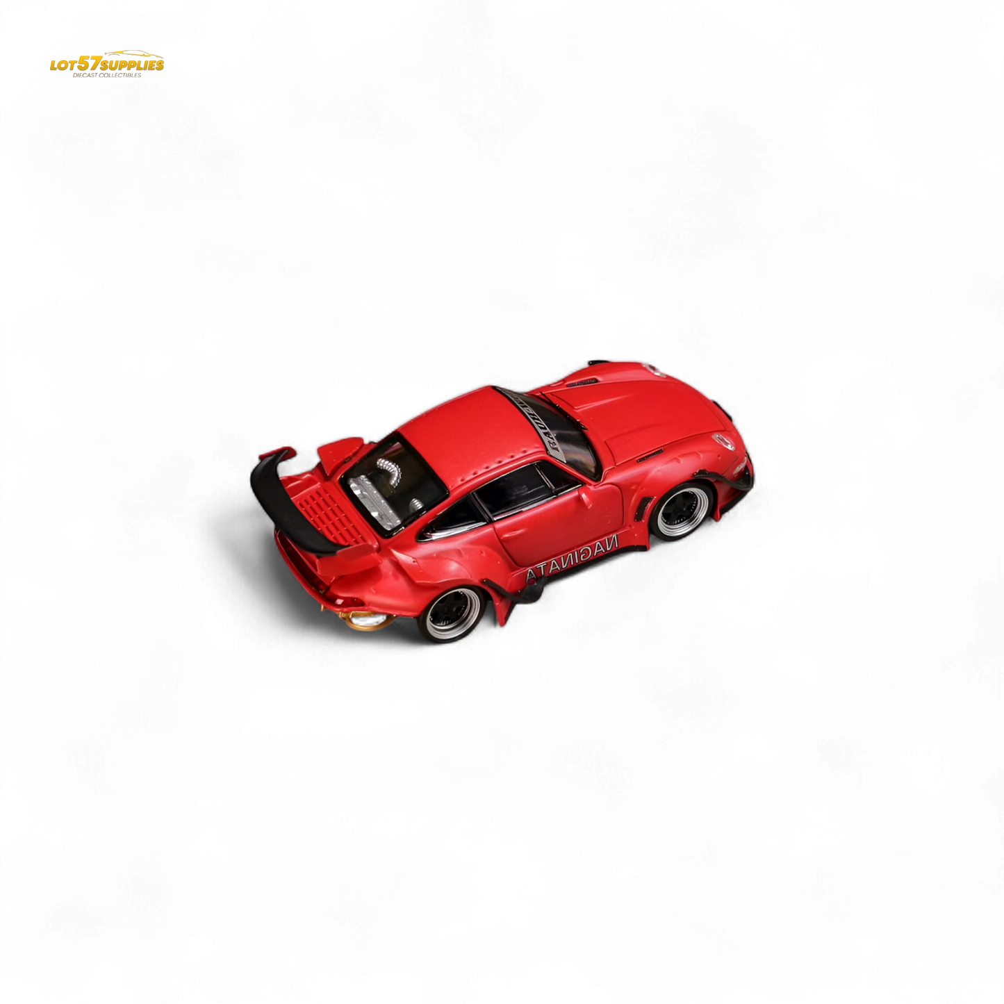 Red Porsche 993 Naginata RWB diecast model in 1:64 scale, showcasing detailed street weapon design and vibrant Naginata livery.