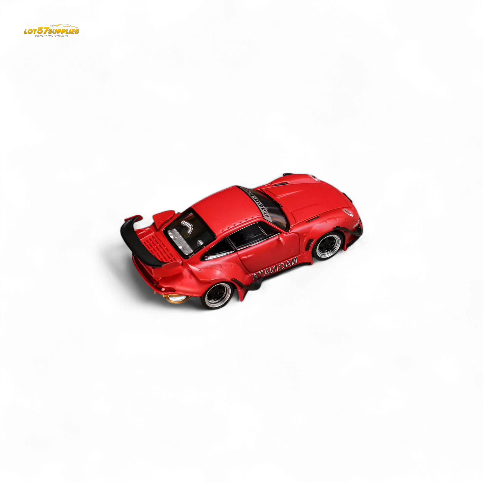 Red Porsche 993 Naginata RWB diecast model in 1:64 scale, showcasing detailed street weapon design and vibrant Naginata livery.