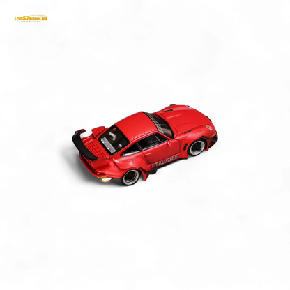 Red Porsche 993 Naginata RWB diecast model in 1:64 scale, showcasing detailed street weapon design and vibrant Naginata livery.