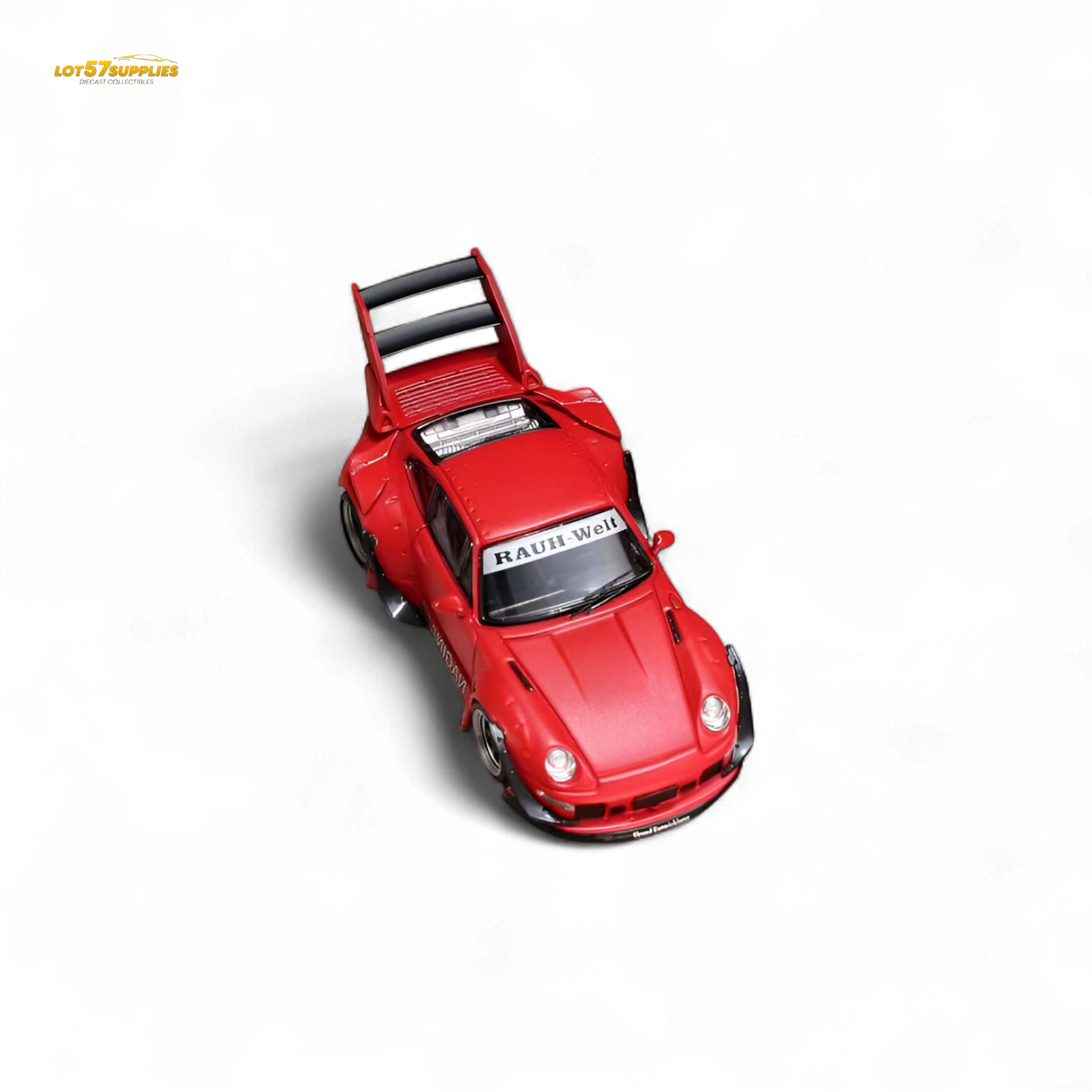 Red Porsche 993 Naginata diecast model in RWB livery, 1:64 scale, detailed view showing vibrant Naginata Red finish.