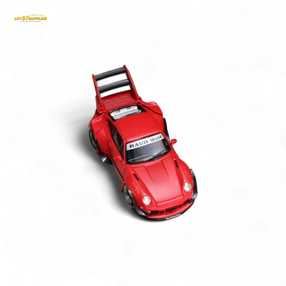 Red Porsche 993 Naginata diecast model in RWB livery, 1:64 scale, detailed view showing vibrant Naginata Red finish.
