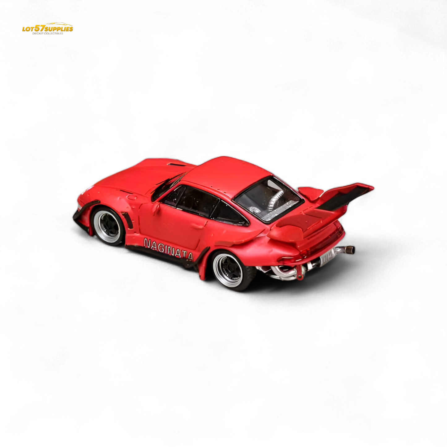 Red Porsche 993 Naginata Street Weapon RWB diecast model in 1:64 scale, showcasing detailed Naginata Red livery and sporty design.