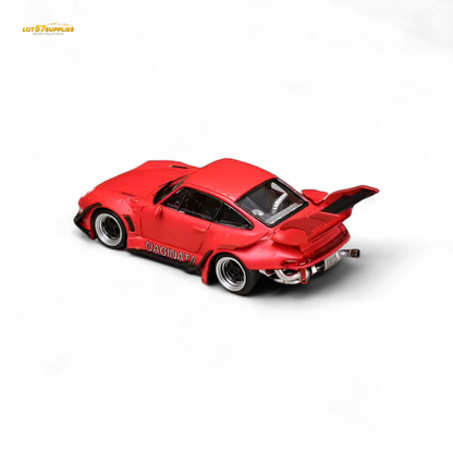 Red Porsche 993 Naginata Street Weapon RWB diecast model in 1:64 scale, showcasing detailed Naginata Red livery and sporty design.