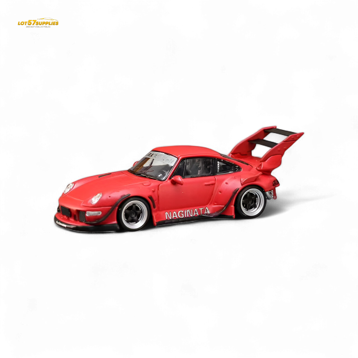 Red Porsche 993 Naginata diecast model in RWB livery, 1:64 scale, detailed collectible car displayed on a plain background.