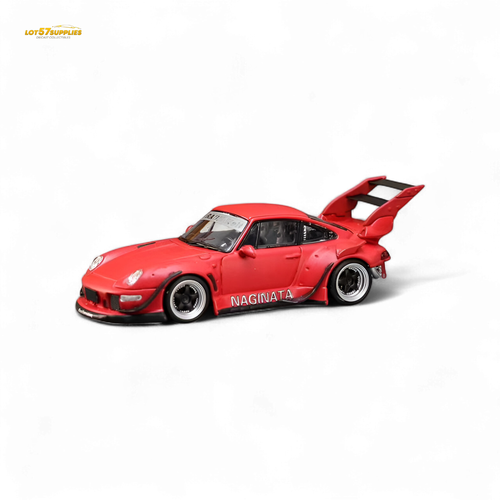 Red Porsche 993 Naginata diecast model in RWB livery, 1:64 scale, detailed collectible car displayed on a plain background.