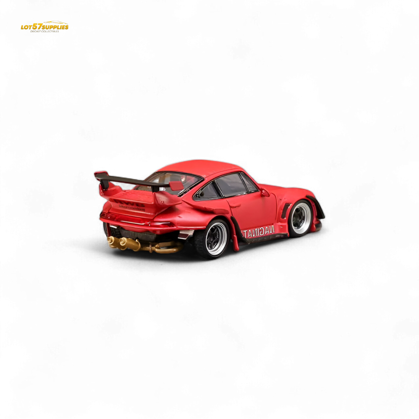 Red Porsche 993 Naginata diecast model in 1:64 scale with Street Weapon RWB livery, featuring detailed exterior design.