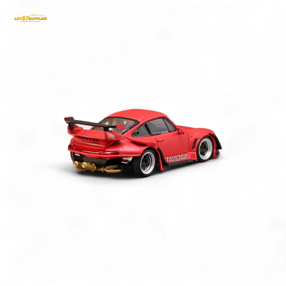 Red Porsche 993 Naginata diecast model in 1:64 scale with Street Weapon RWB livery, featuring detailed exterior design.
